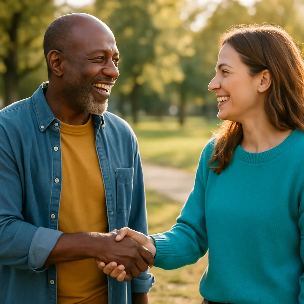 Two people meeting at a local park — genuinely local Buckinghamshire dating