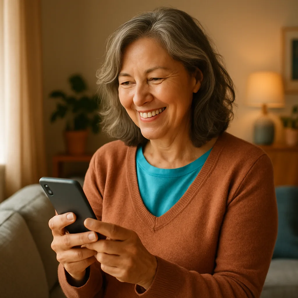 Smiling woman confidently checking her phone — verified profiles on The Buckinghamshire Dating Site
